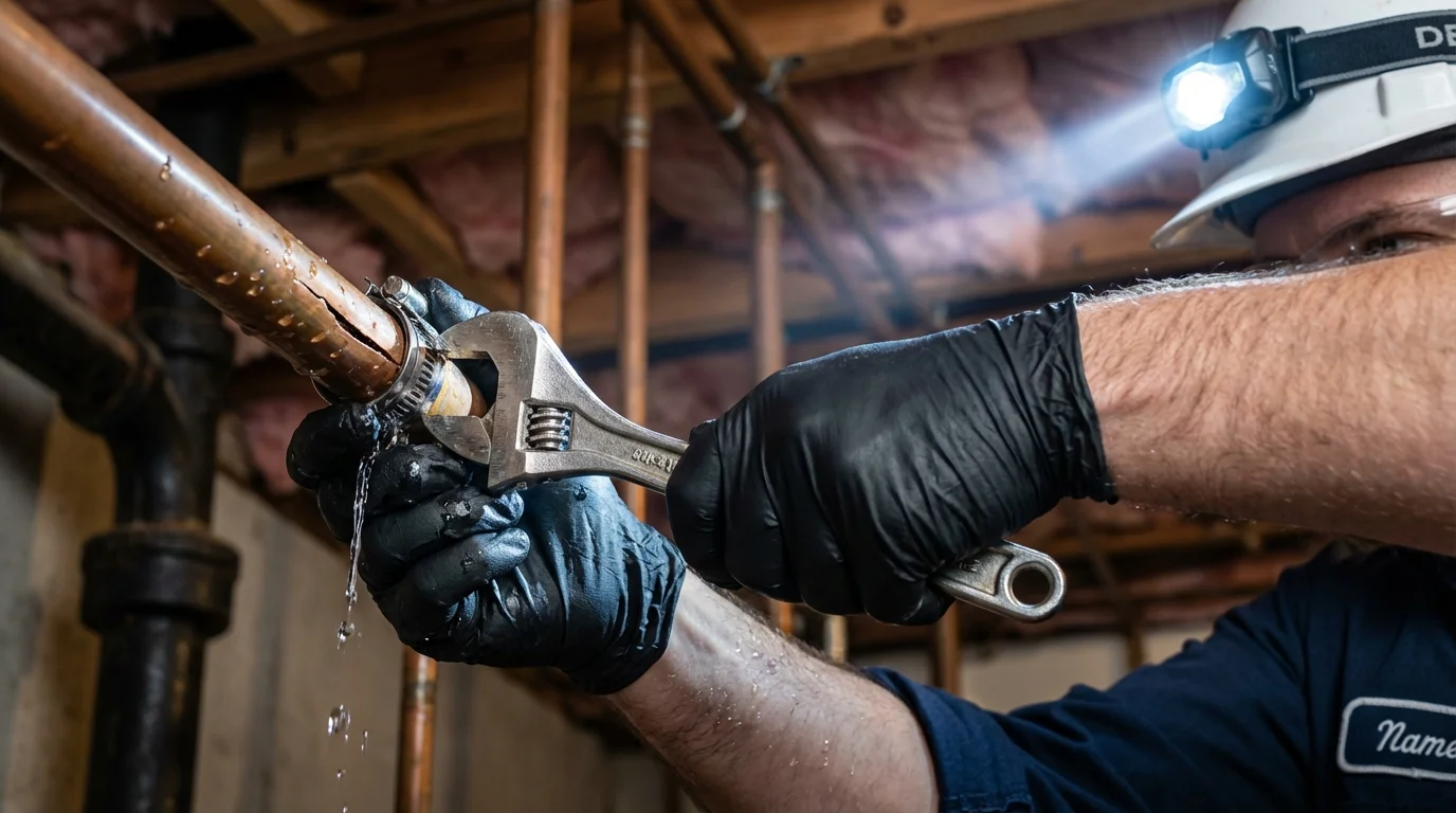 Emergency pipe clamp repair being performed by a Johns Plumbing LLC plumber in Charleston