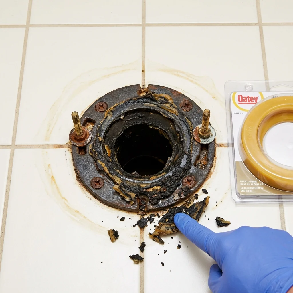 Failed wax ring showing water seepage at the base of a toilet in a Charleston, IL home