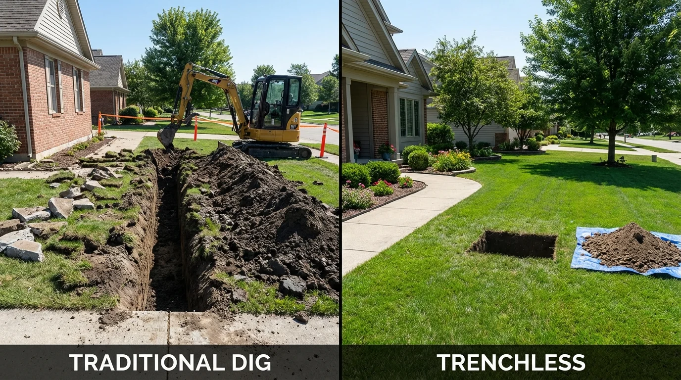Trenchless sewer repair with minimal yard damage versus traditional excavation in Charleston, IL