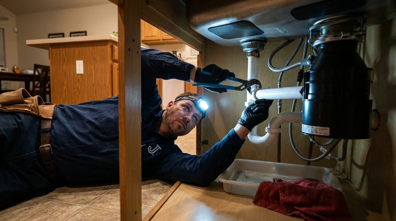 P-trap and supply line connections under a kitchen sink showing a common leak point in Charleston, IL